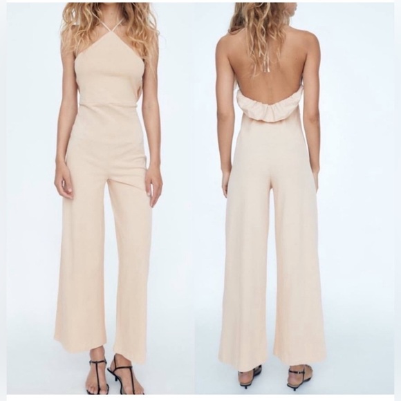 Zara Pants - Zara beige cream ruffle frill halter top wide leg jumpsuit 100% cotton S NWOT